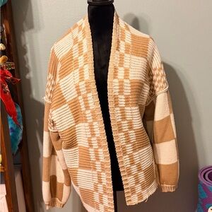 Tan and Cream Checkered Cardigan